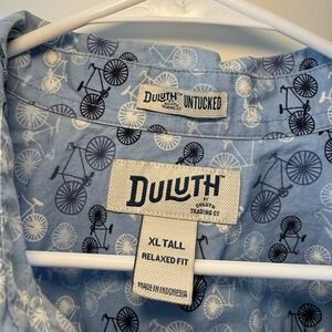 Duluth Trading Untucked Shirt XL Tall Blue Bicycle Print Short Sleeve Cotton